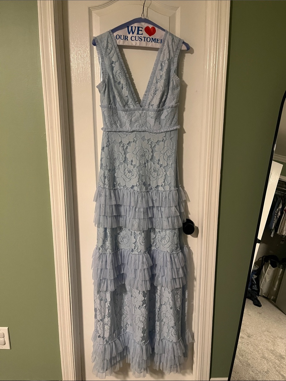Ieena for Mac Duggal Blue V Neck Lace Tiered Ruffle Gown